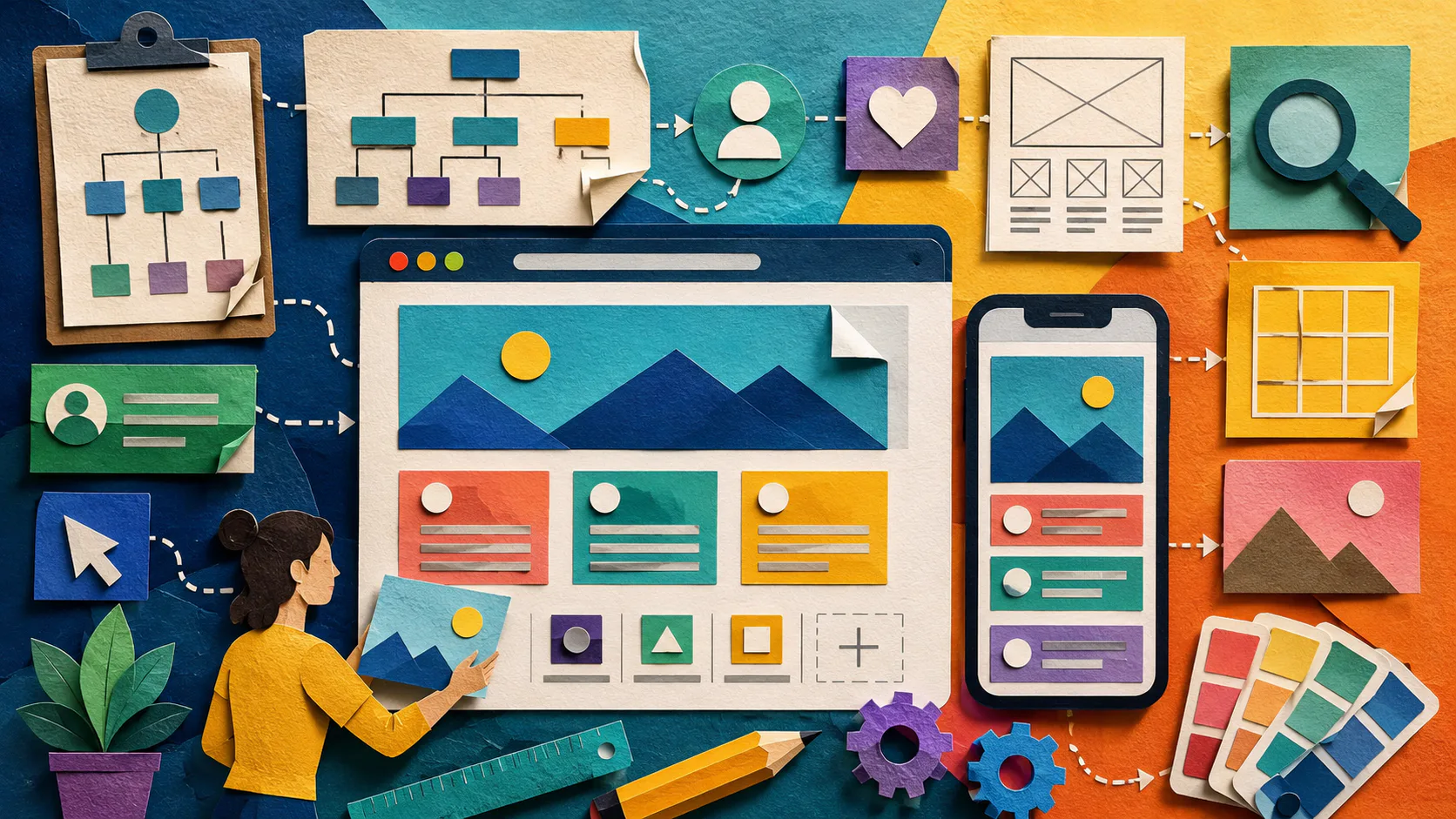 Colorful paper-cut illustration showing website design workflow: person holding tablet connected to flowcharts, wireframes, user profiles, email templates, search functionality, color palettes, and...