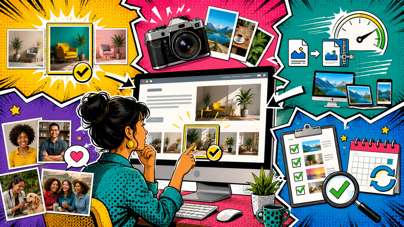 Illustrated woman at computer selecting and organizing images for a website, with photography equipment, device mockups, and image galleries shown around a colorful comic-style background.