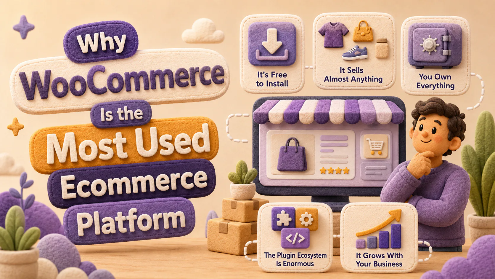 Infographic showing five key WooCommerce benefits: free installation, sells almost anything, you own everything, plugin ecosystem, and scales with your business. Features cartoon man at computer wi...