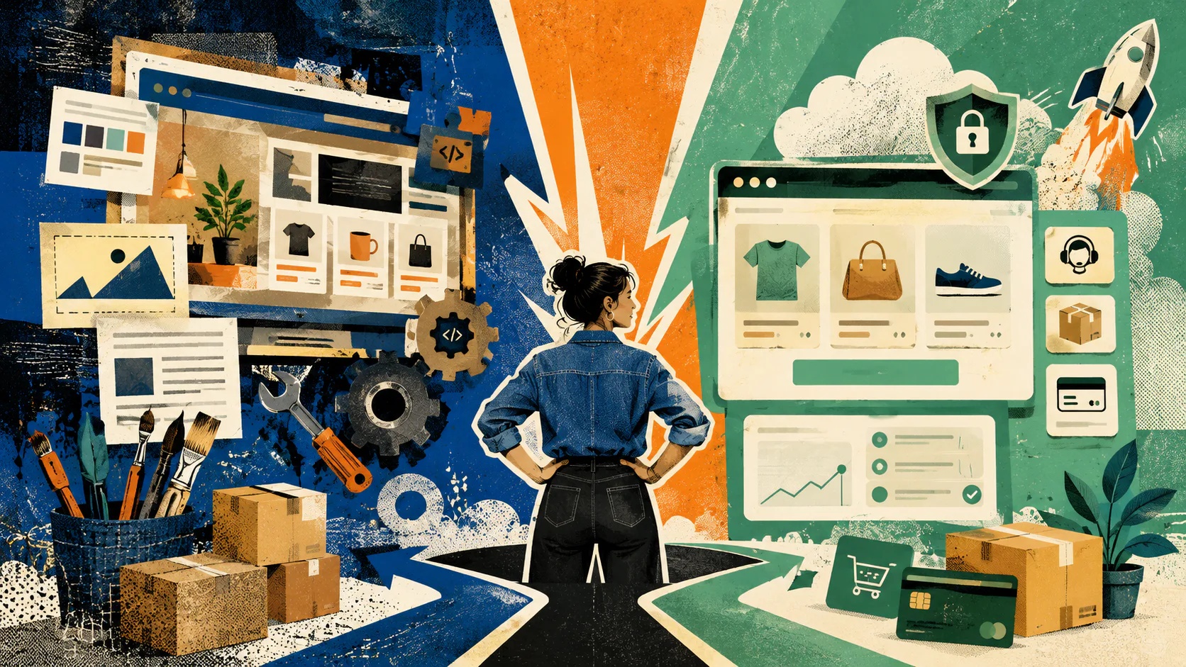 Illustration of a woman standing between two ecommerce platforms: left side shows WooCommerce design tools and development elements on blue background; right side shows Shopify security and shoppin...