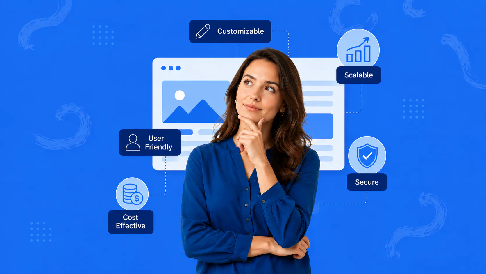 Professional woman in blue shirt contemplating website design with labeled feature icons including customizable, scalable, secure, user-friendly, and cost-effective options on blue background