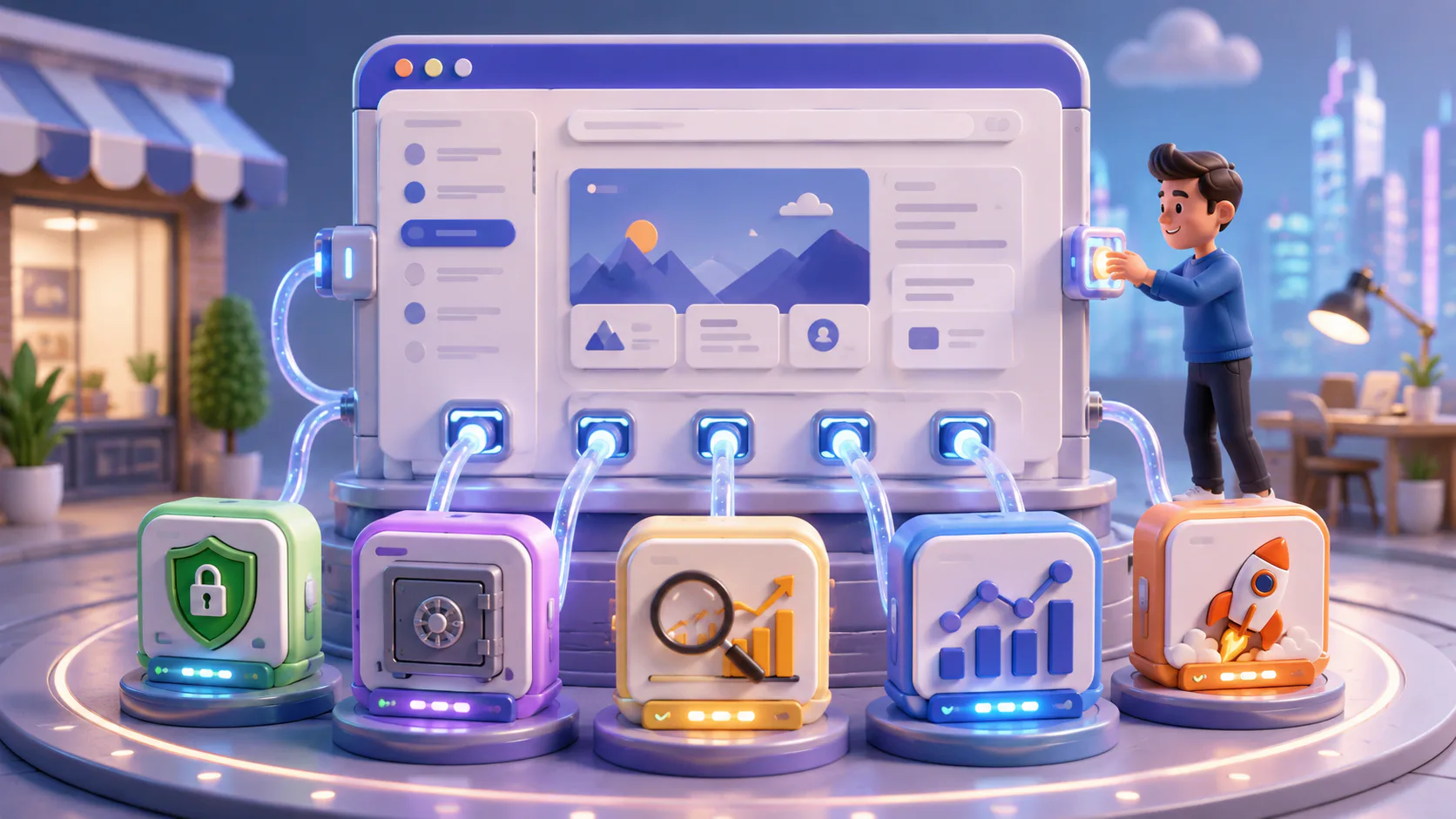 3D illustration of a website dashboard with five colorful plugin modules (security, backup, SEO, analytics, performance) connected via glowing cables, with a cartoon character interacting with the ...