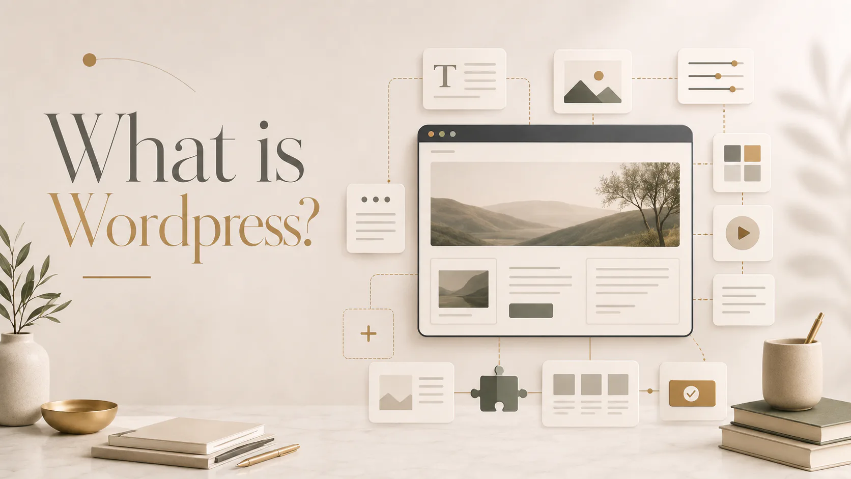 Illustrated workspace showing 'What is WordPress?' text with a laptop displaying a landscape website layout, surrounded by icons representing content editing, images, plugins, themes, and design el...