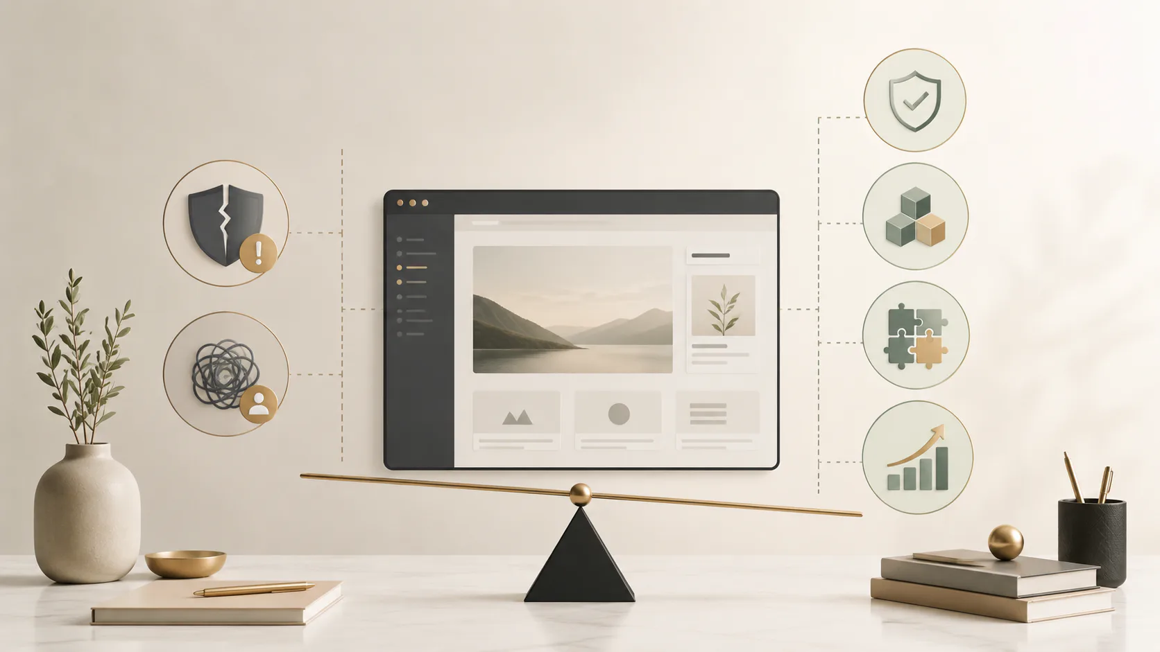 Illustration showing a laptop displaying a website design mockup centered on a balance scale, with security and troubleshooting icons on the left, and growth, integration, and analytics icons on th...