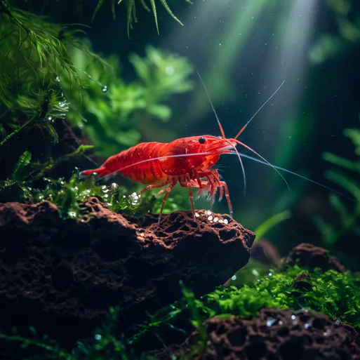 Bright red freshwater shrimp with long antennae perched on a dark branch, surrounded by vibrant green aquatic plants and moss in an aquarium environment