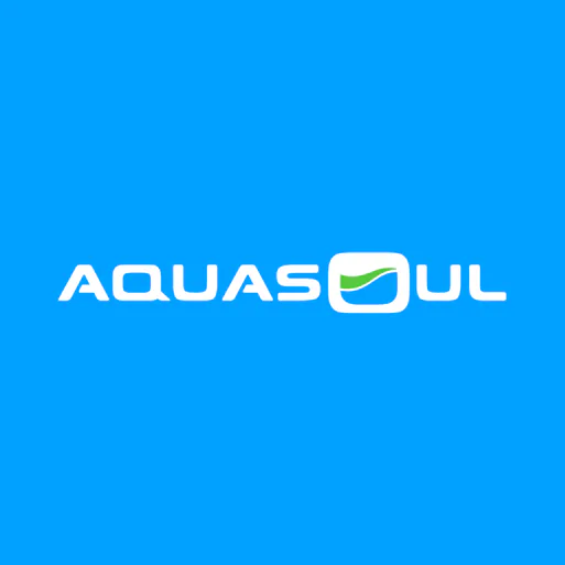 Aquasoul company logo featuring white text with a rounded rectangular icon containing a stylized water wave design in blue and green on a vibrant blue background
