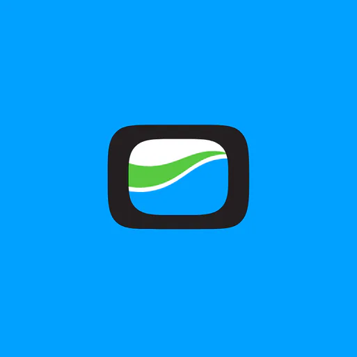 Mettro app icon featuring a rounded black square with white background and green flowing wave accent on bright blue background