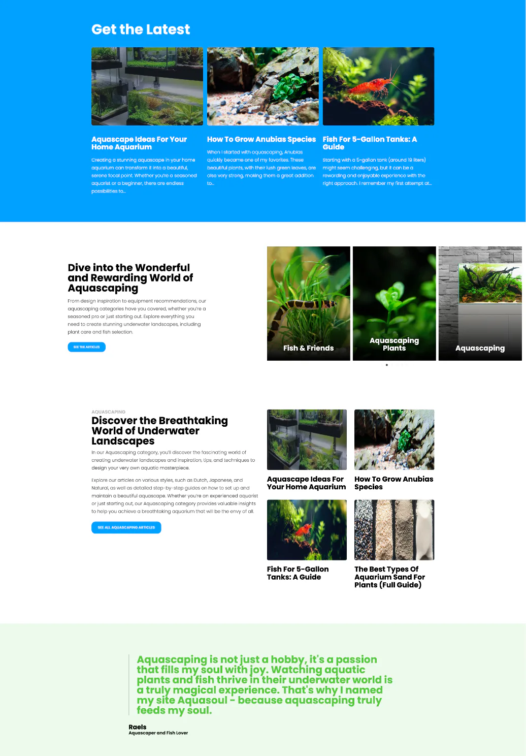 Website homepage featuring aquascaping blog articles with three featured cards showing aquascape designs, aquatic plants, and colorful fish in tanks, plus category section with thumbnail images and...