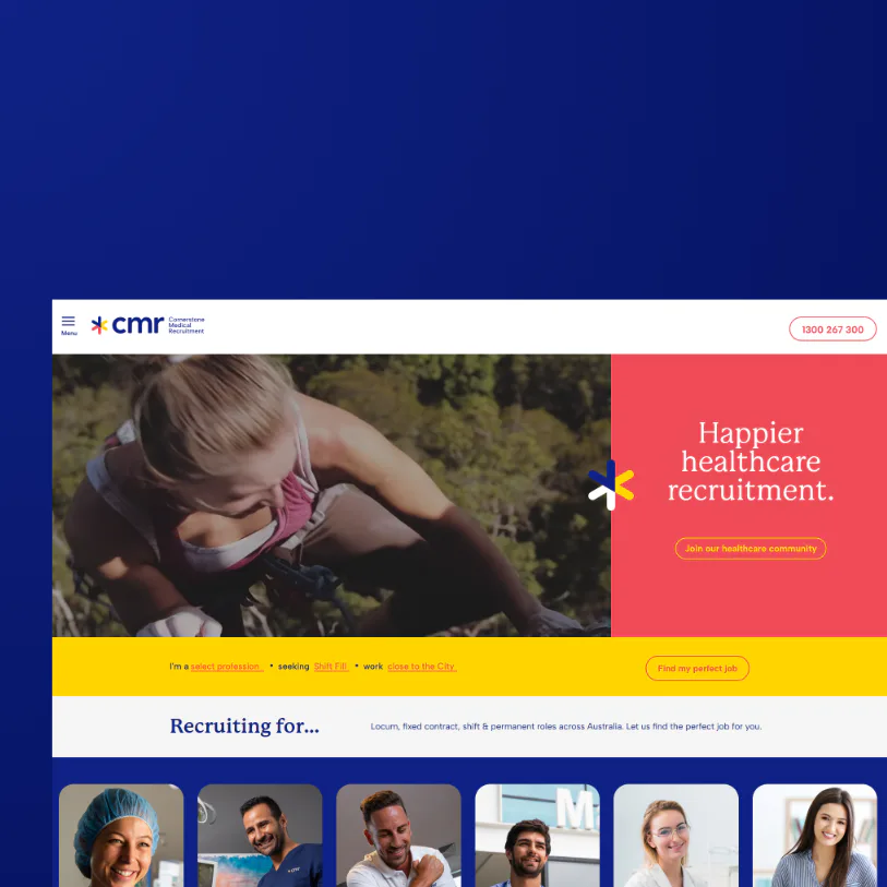 Healthcare recruitment website featuring a woman outdoors, red banner with 'Happier healthcare recruitment' text, yellow search bar, and grid of diverse healthcare professionals below.