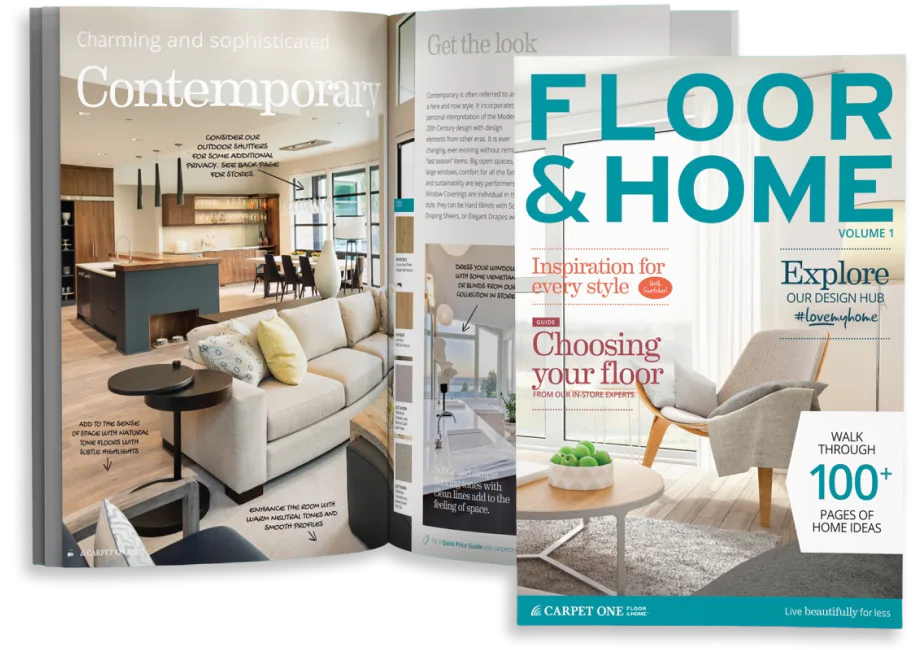 Open spread of Floor & Home magazine showing contemporary interior design with cream sofa, black coffee table, wooden kitchen island, and mid-century modern chair in bright living space