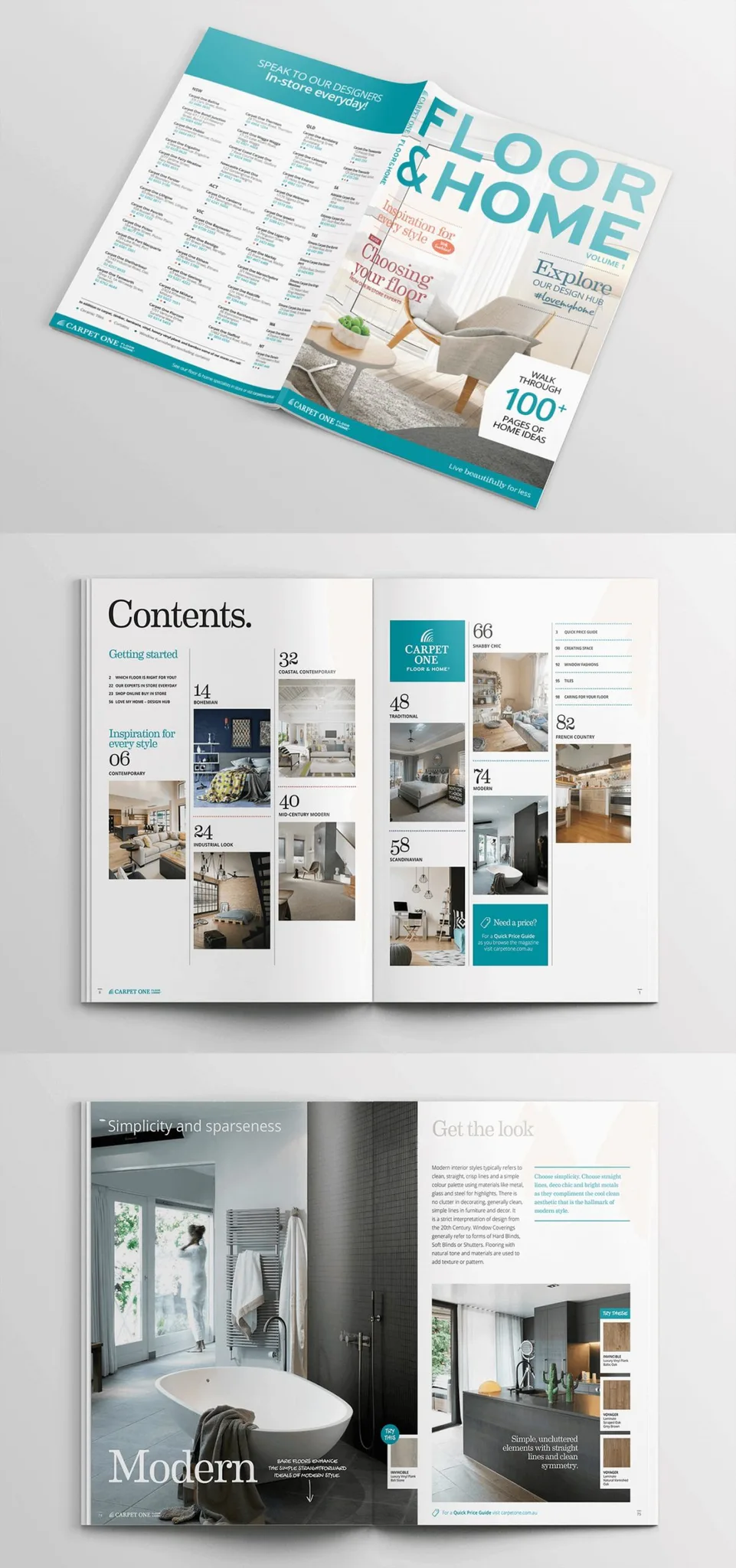 Three pages of Floor & Home magazine spread showing cover with turquoise branding, contents page with interior photography grid, and modern bathroom design feature with minimalist aesthetic.