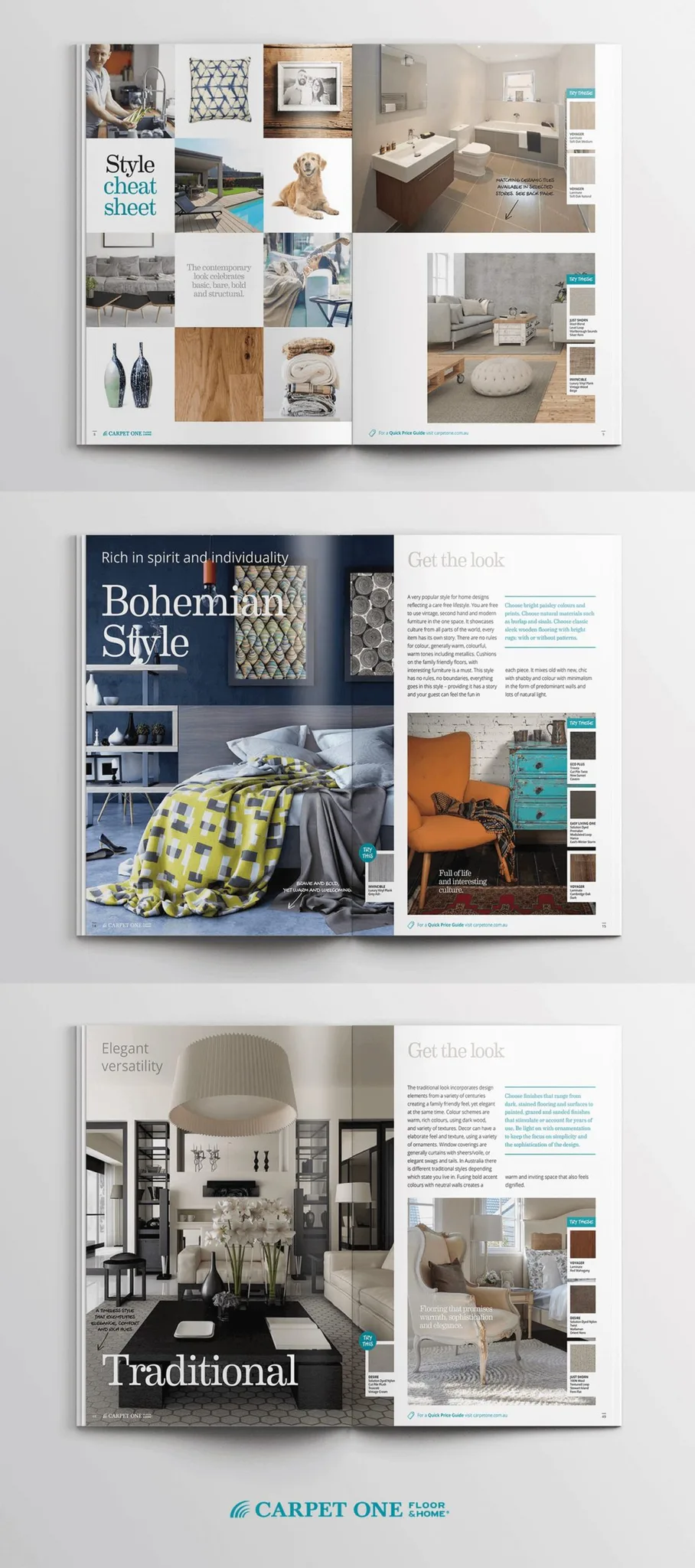 Three open magazine spreads featuring interior design styles including contemporary bathrooms, bohemian bedrooms with geometric patterns, and traditional living rooms with elegant furnishings and c...