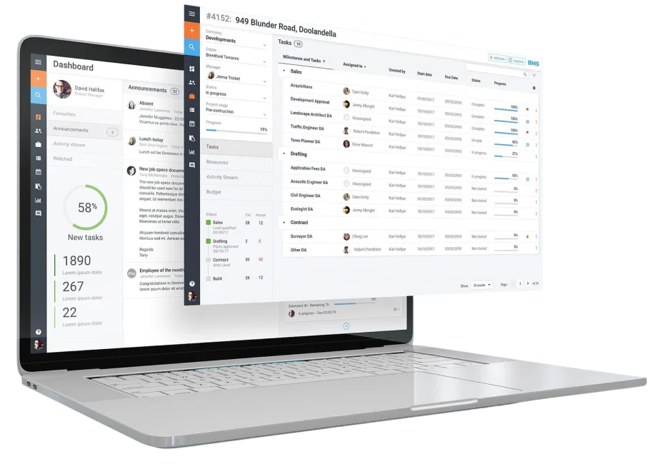 Laptop displaying a project management dashboard with task lists, property details for Blunder Road Woolandella, team member profiles, progress metrics showing 58% new tasks, and data tables with c...