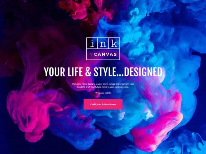 Vibrant abstract ink swirls in magenta, pink, and electric blue flowing across a dark background, with the Ink by Canvas logo and tagline 'Your Life & Style...Designed' overlaid on the colorful com...