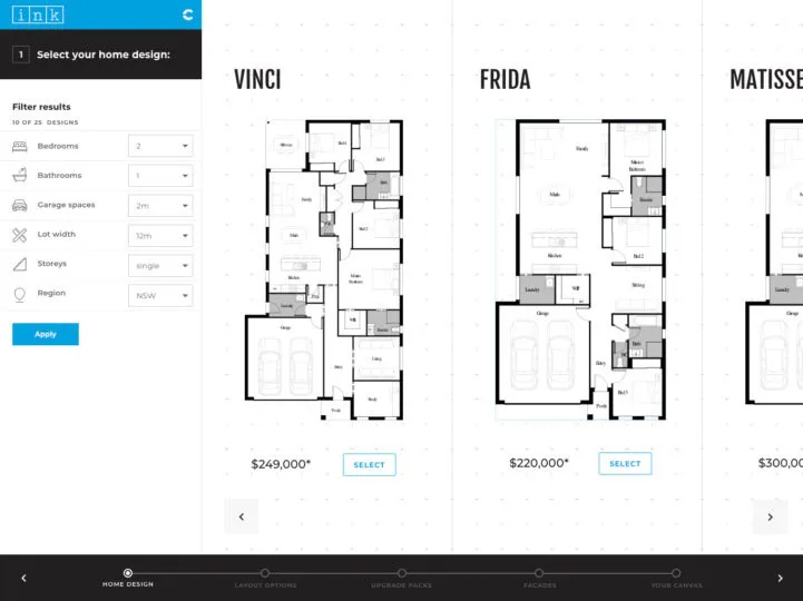 Three residential floor plan layouts displayed side-by-side labeled Vinci ($249,000), Frida ($220,000), and Matisse ($300,000), showing bedroom, bathroom, and living space configurations with black...