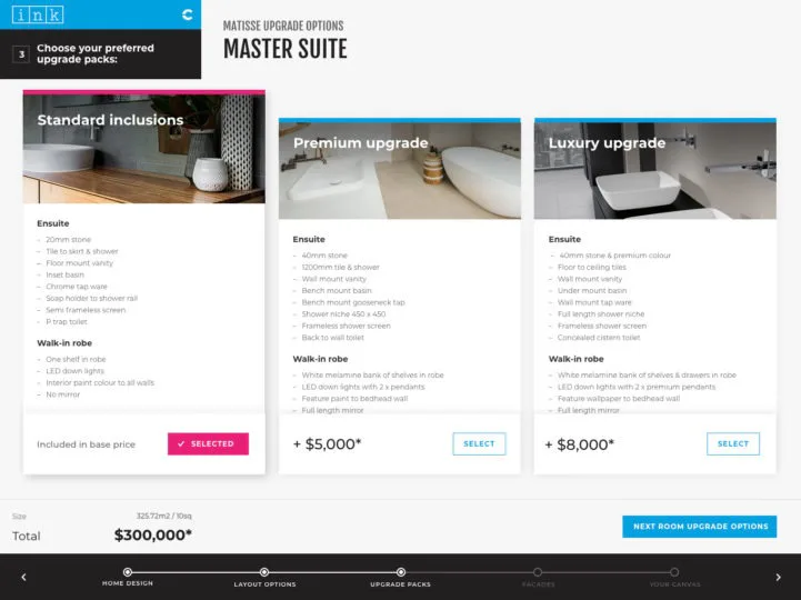 Three bathroom upgrade package options displayed with product images: standard inclusions with basic fixtures, premium upgrade with 400mm stone basin, and luxury upgrade with premium finishes and f...