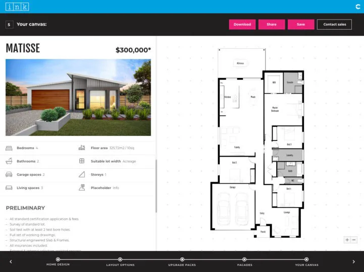 Modern residential home exterior with timber garage door and floor plan layout showing 3 bedrooms, 2 bathrooms, living spaces, and kitchen design priced at $300,000