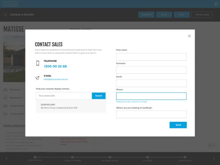 White contact form modal with fields for first name, surname, email, and phone number. Left side displays telephone number 1300 00 22 68, email contact, and postcode search for Queensland display h...