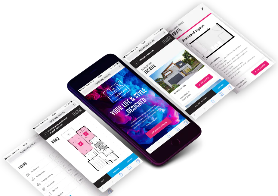 Multiple device screens displaying a real estate website with vibrant gradient hero image, floor plan layout, property listings, and pink/blue accent colors showing responsive design across mobile ...