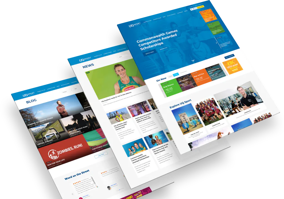 Multiple website page mockups displayed at an angle showing UQ Sport's responsive web design, including news sections, scholarship information, event promotions, and team photos in blue, green, and...