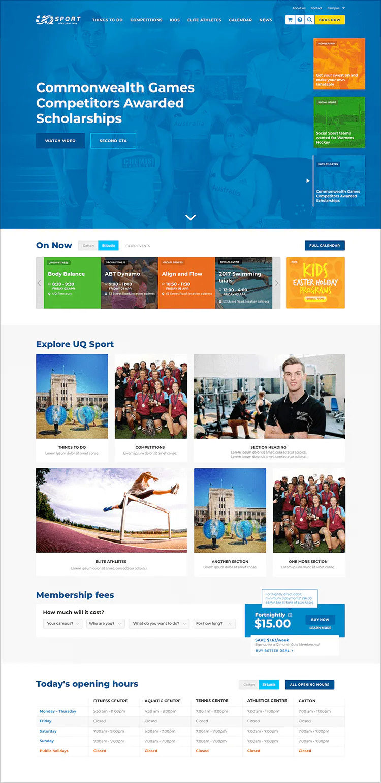 UQ Sport website homepage featuring Commonwealth Games scholarship announcement with navigation menu, promotional banners for membership and women's hockey, and event calendar showcasing fitness, a...