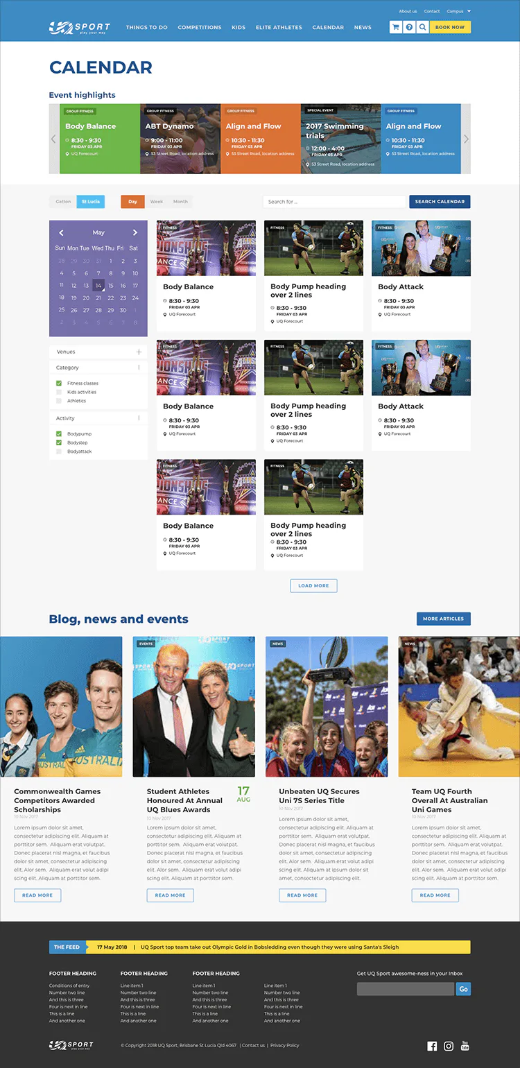 Screenshot of UQ Sport calendar interface showing upcoming fitness classes including Body Balance, Body Pump, and Body Attack scheduled for May at UQ Forecourt with times and filtering options.