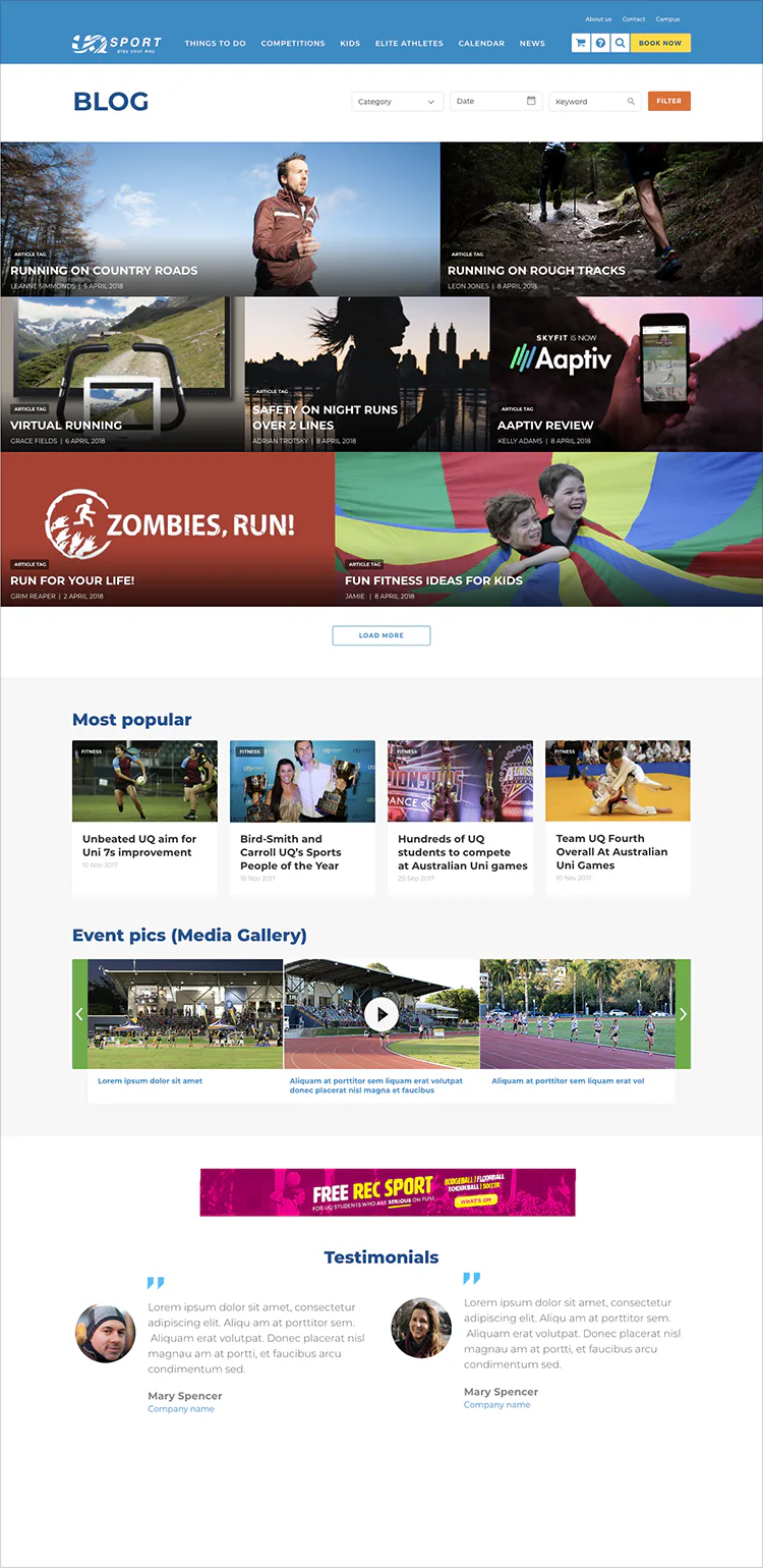 Screenshot of UQ Sport blog page featuring article grid with running topics including country roads, rough tracks, night runs, virtual running, and kids fitness activities