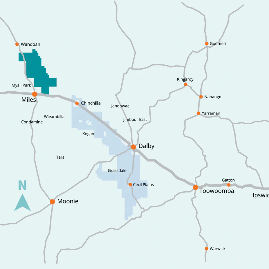 Regional map of Queensland showing Arrow Energy's service area highlighted in teal, with key locations marked including Wandoan, Miles, Dalby, and Toowoomba, demonstrating operational coverage in t...