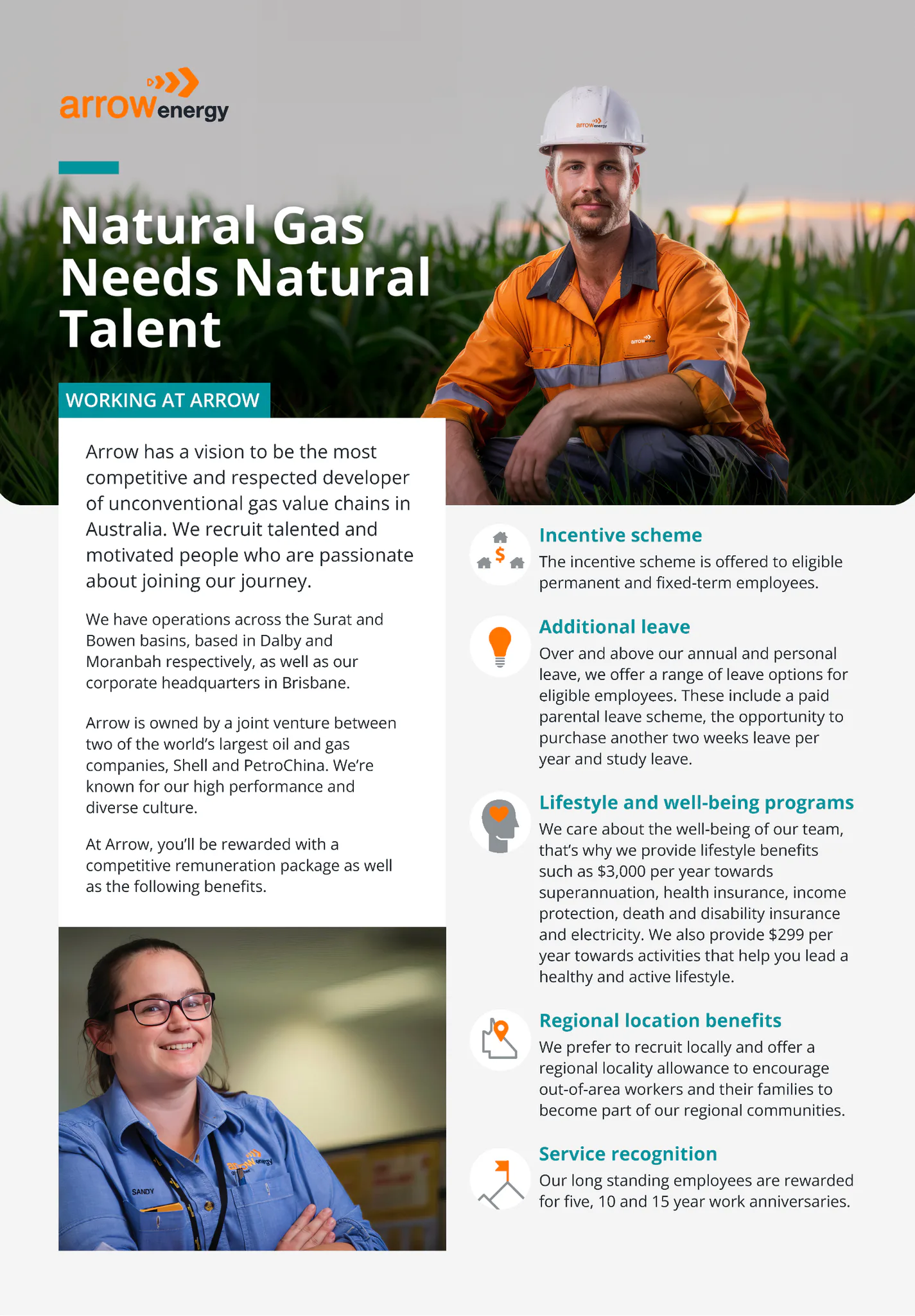 Male field engineer in orange safety uniform and hard hat crouching in cornfield; female technician in blue uniform smiling indoors. Arrow Energy branding visible.