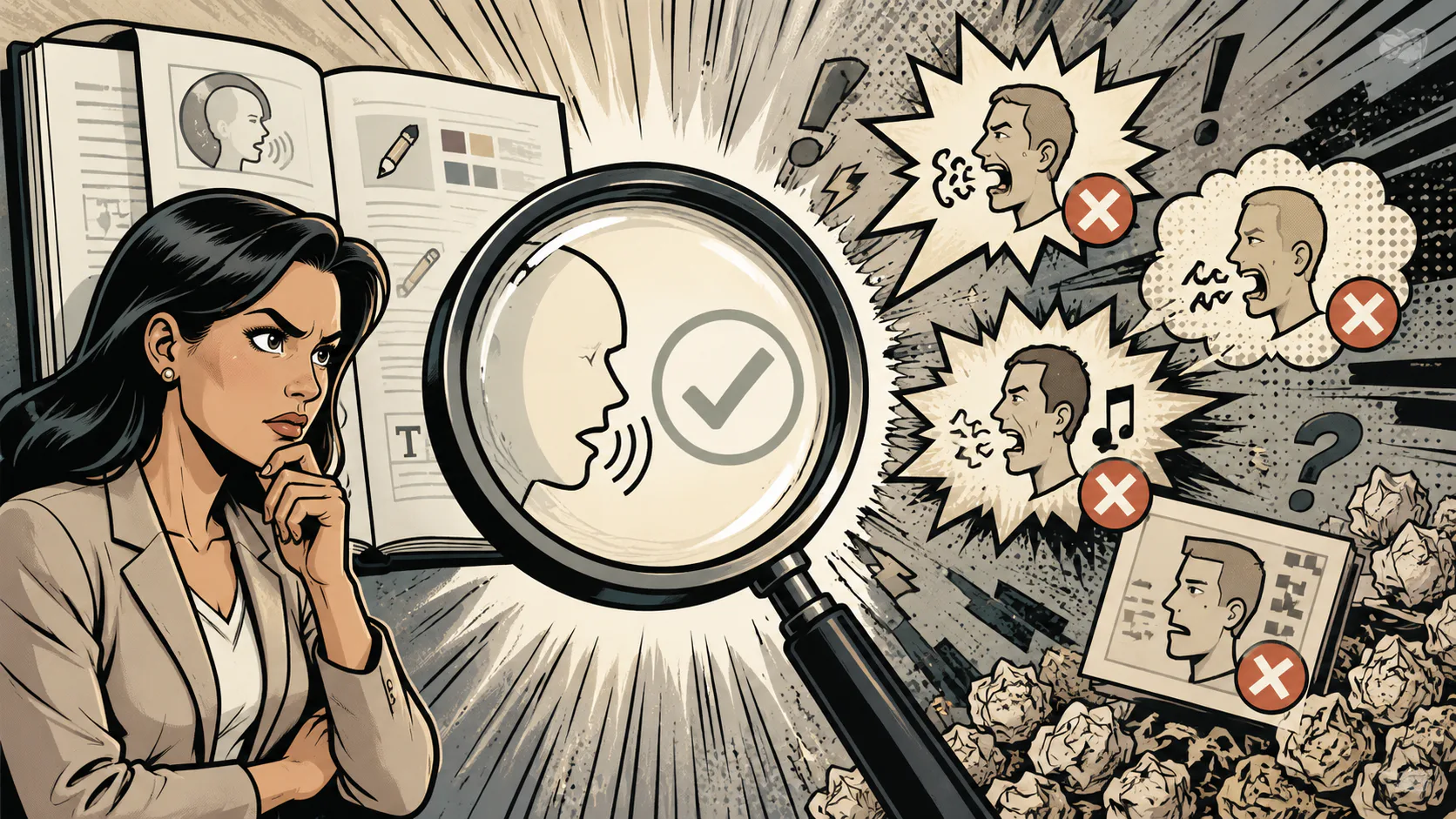 Professional woman analyzing brand voice guidelines through magnifying glass, with speech profiles showing approved and rejected communication examples in comic-style burst design