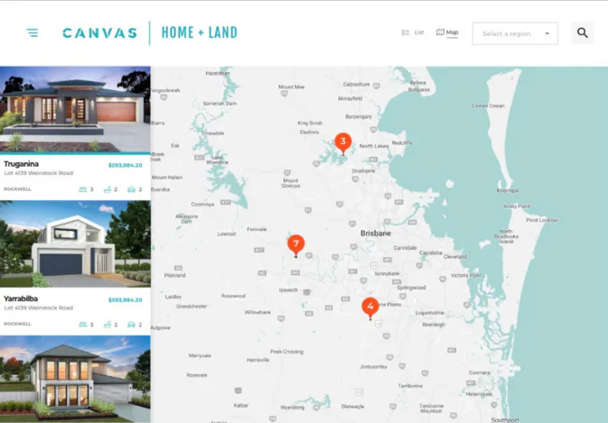 Interactive map of Australia showing Canvas Home + Land property listings with location pins, featuring featured homes in Truganina, Varabilla and other suburbs displayed in sidebar thumbnails
