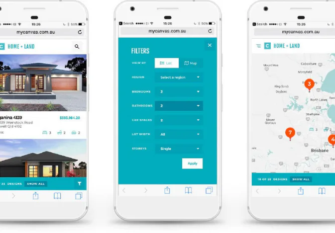 Three smartphone screens showing a real estate search app interface: property listings with prices, an expandable turquoise filters panel with options for bedrooms, bathrooms, car spaces and storie...