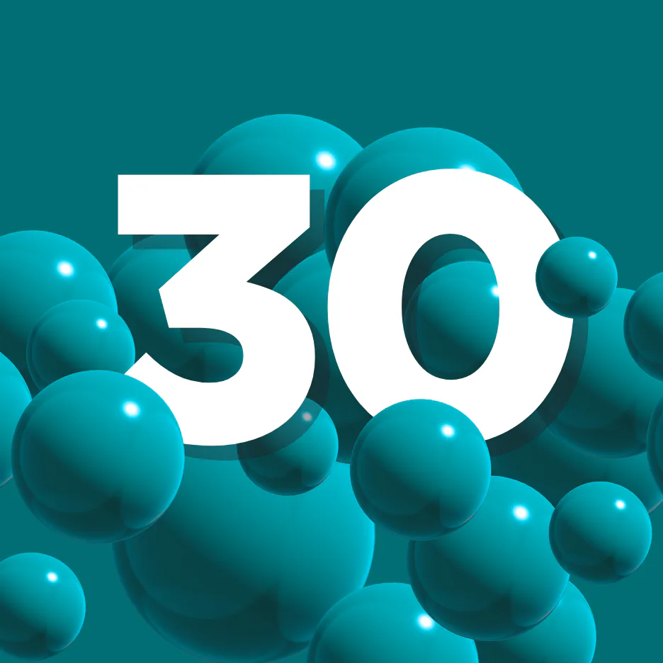 Large white numbers '30' surrounded by turquoise and teal spheres with glowing highlights on a deep teal gradient background, celebrating a milestone anniversary.