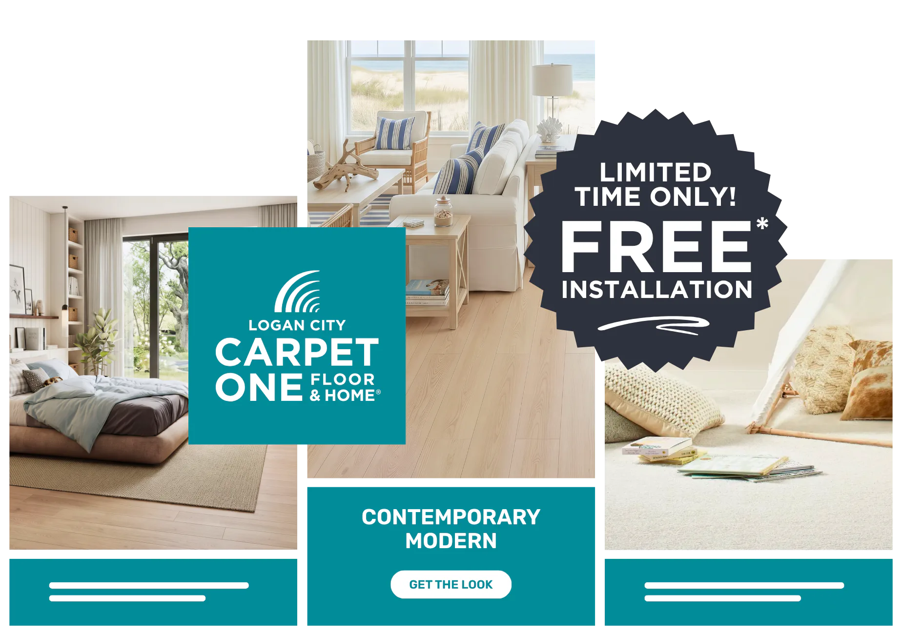 Marketing collage showing contemporary home interiors with light wood flooring, coastal furniture, and a limited-time free installation offer banner from Carpet One Logan City flooring retailer.