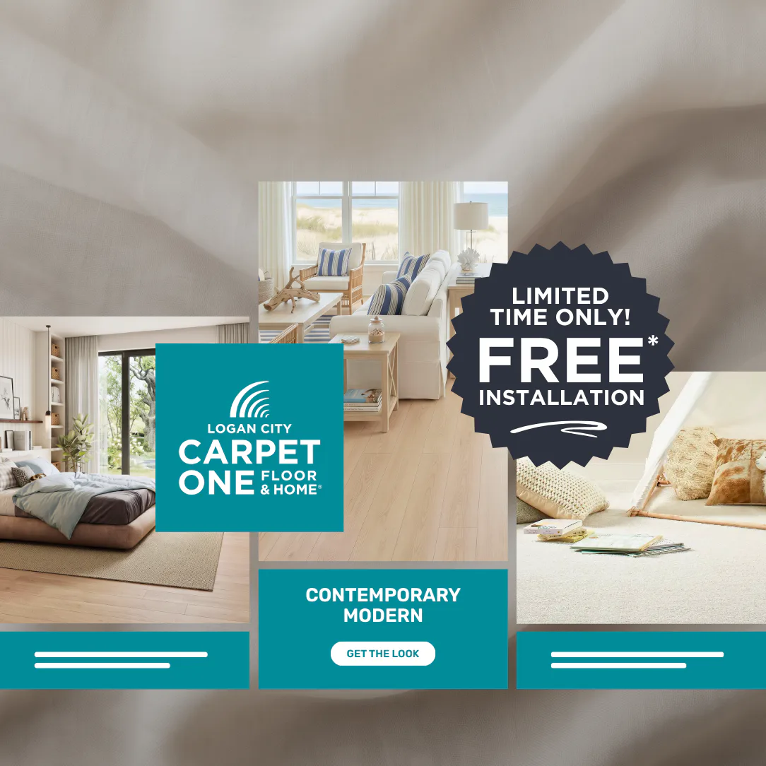 Modern home interior showcasing contemporary flooring and furnishings with Carpet One Logan City branding, featuring a limited-time free installation promotion badge and contemporary modern style c...