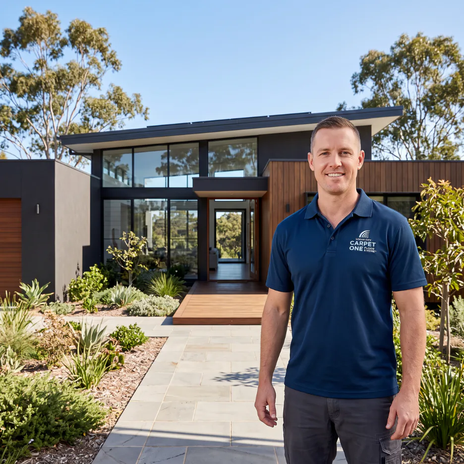 Man in navy Carpet One polo shirt standing in front of modern black and timber home with large windows, concrete pathways, and native landscaping with eucalyptus trees.