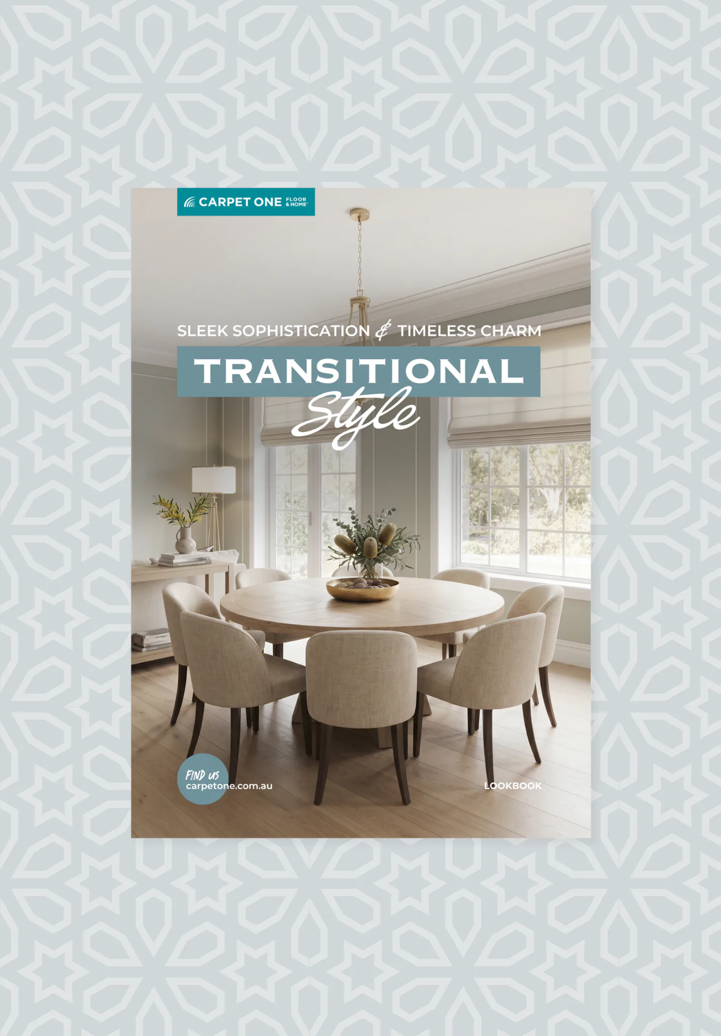 Elegant dining room with round white oak table, four beige upholstered chairs, brass pendant light, large windows with natural light, and botanical floral arrangement in gold bowl.