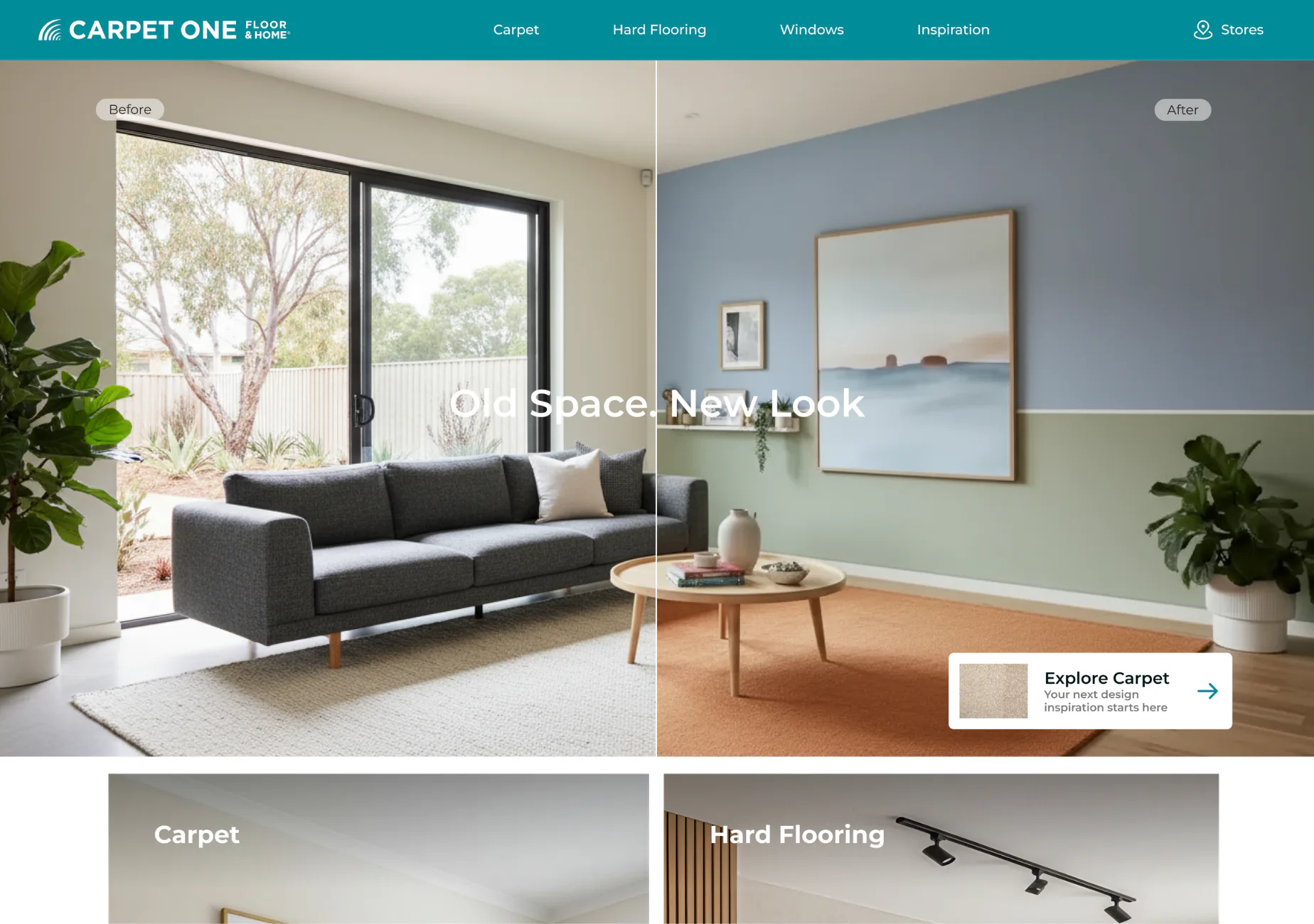 Split-screen comparison of a living room: left side shows neutral beige walls with light carpet and black modern sofa near large windows; right side displays the same space with soft blue-grey wall...