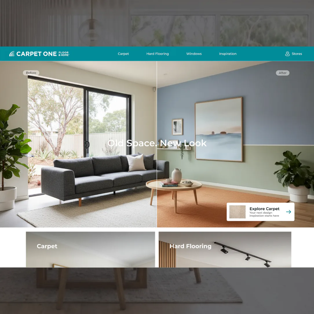 Split-screen comparison showing a living room before renovation with dated furniture and plain walls, and after with modern gray sofa, blue accent wall, wood flooring, and coastal artwork.