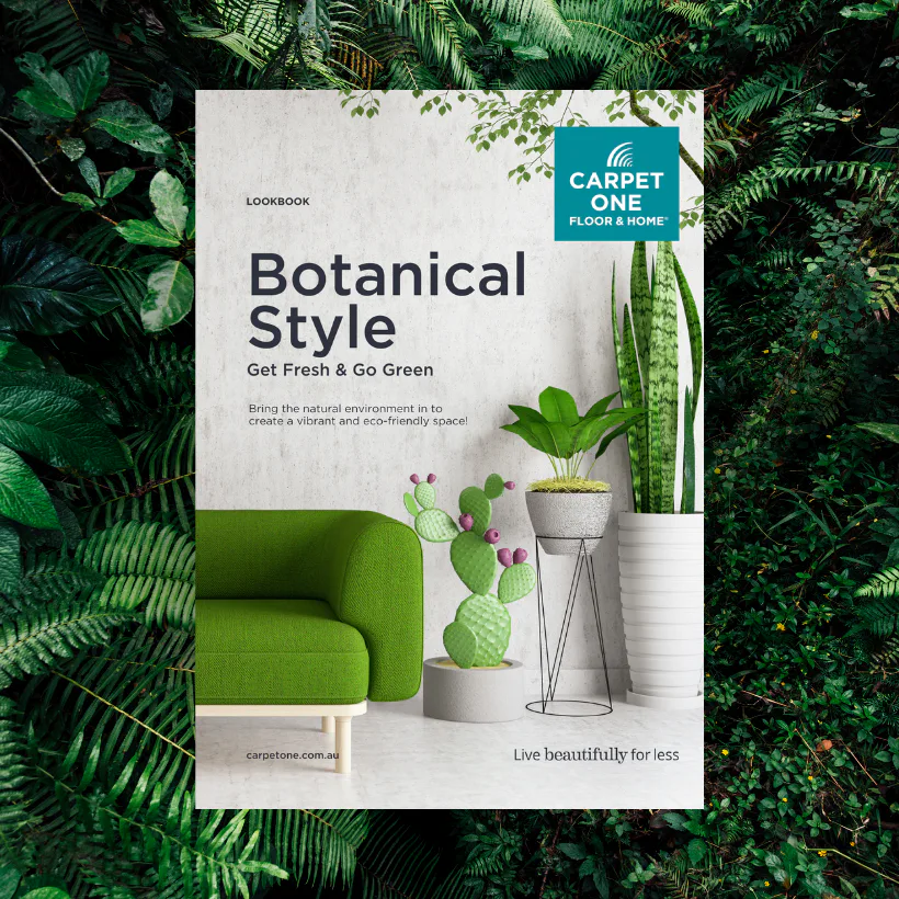 Carpet One lookbook cover featuring botanical interior design with bright green armchair, potted plants, cactus, and lush foliage background promoting eco-friendly home styling.
