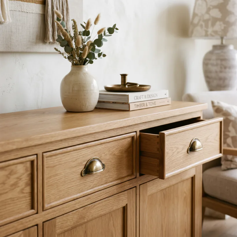 Light oak wooden dresser with open drawer displaying brass handles, topped with cream ceramic vase holding dried pampas grass and eucalyptus, stacked design books, and brass candle holder in neutra...