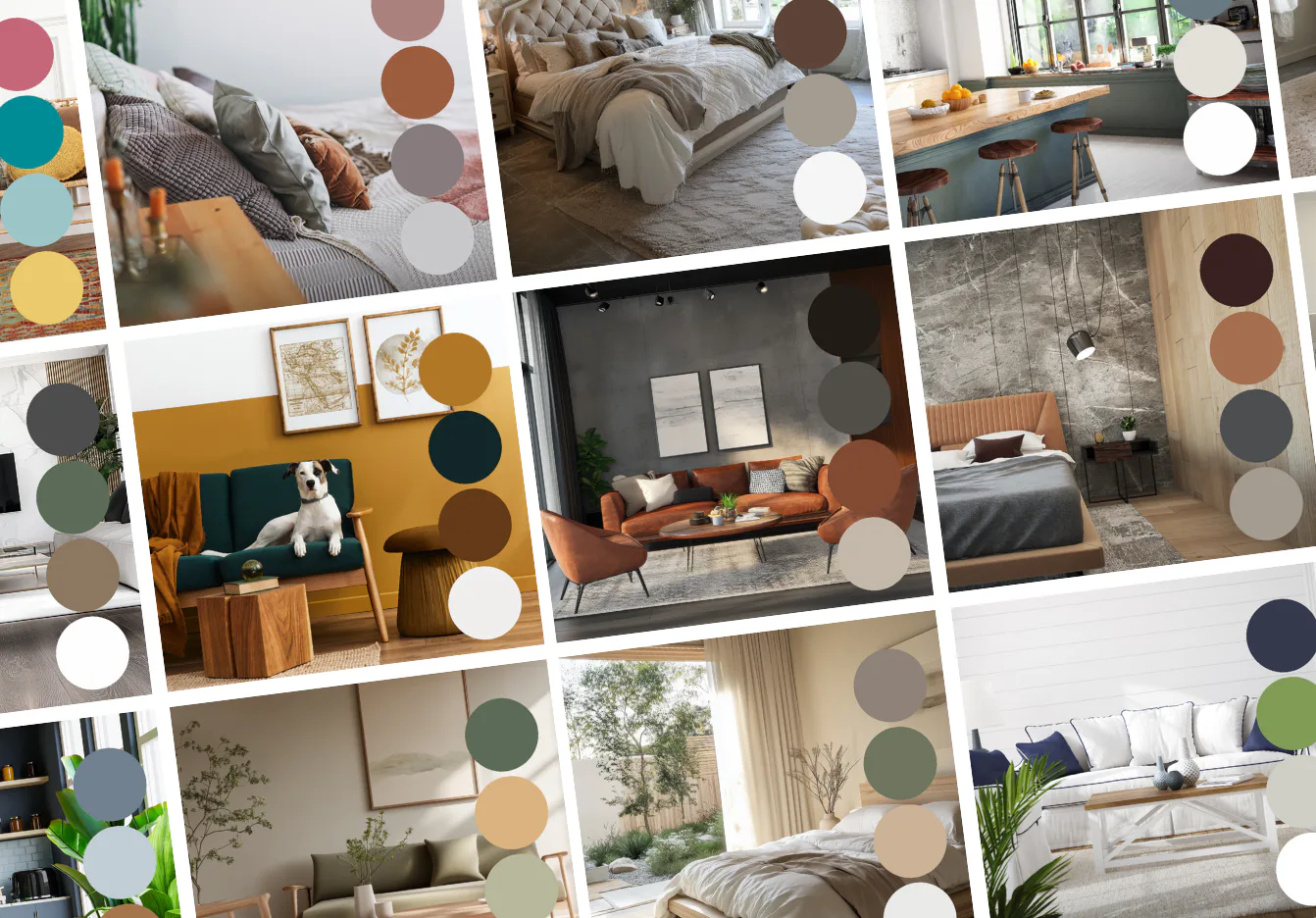 Collage of modern home interiors showing diverse color schemes including bedrooms, living rooms, and kitchens with coordinating paint colors and furnishings displayed as circular color swatches.