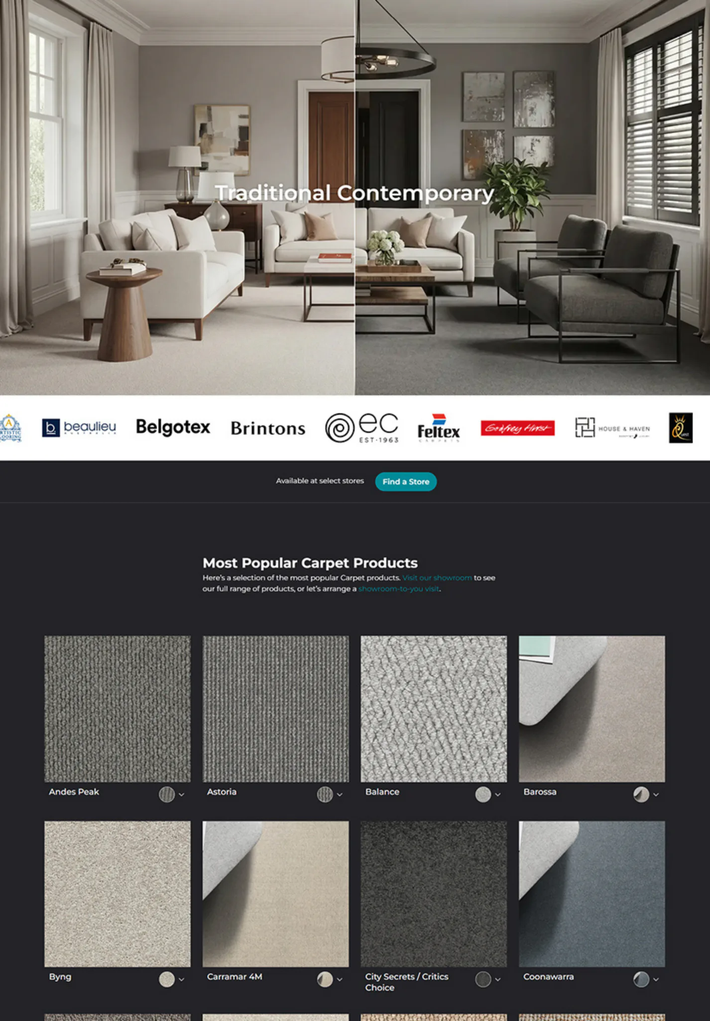 Split-screen comparison of traditional and contemporary living room furniture styles, featuring neutral upholstered sofas, accent chairs, and wooden tables with modern pendant lighting.