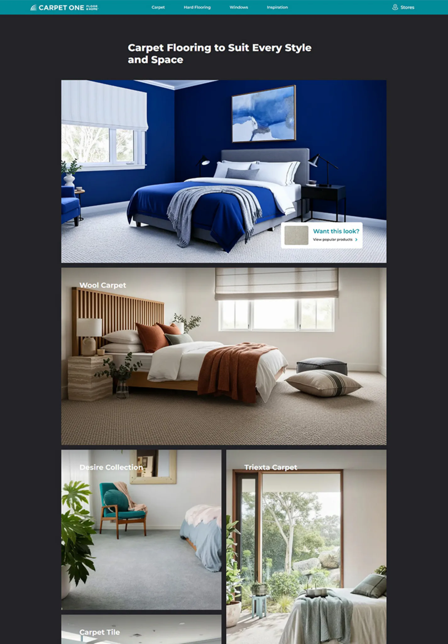 Four bedroom interior design mockups showcasing different carpet flooring options: modern navy blue bedroom with white carpet, warm neutral wool carpet bedroom, contemporary teal chair accent room,...