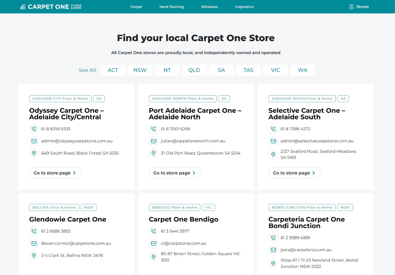 Carpet One Floor & Home store locator webpage showing six independent store locations across Australian states (SA, NSW, VIC) with business names, phone numbers, email addresses, physical addresses...