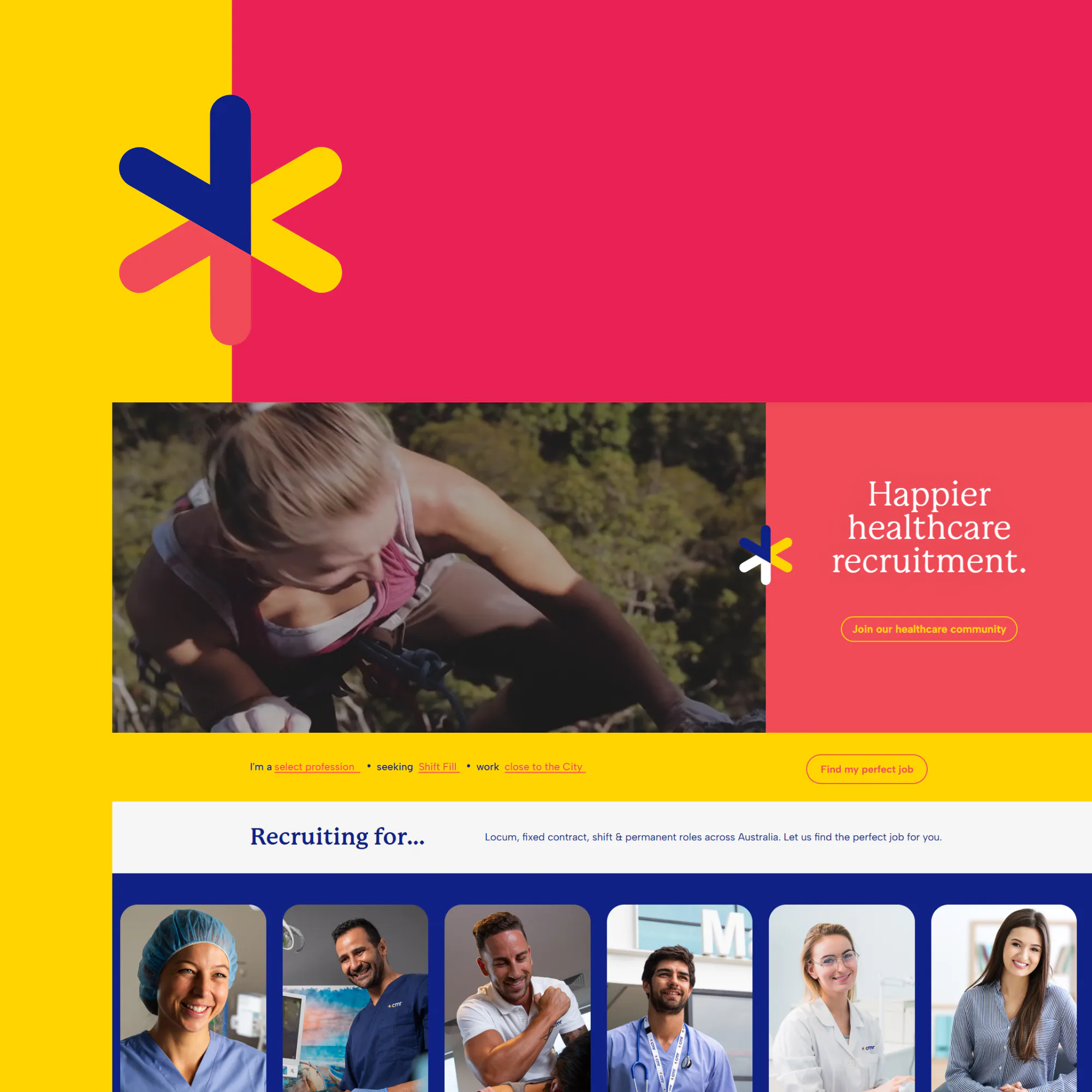 Woman in pink medical scrubs outdoors smiling, representing healthcare professionals. Happier healthcare recruitment branding with yellow and navy design elements and call-to-action button.