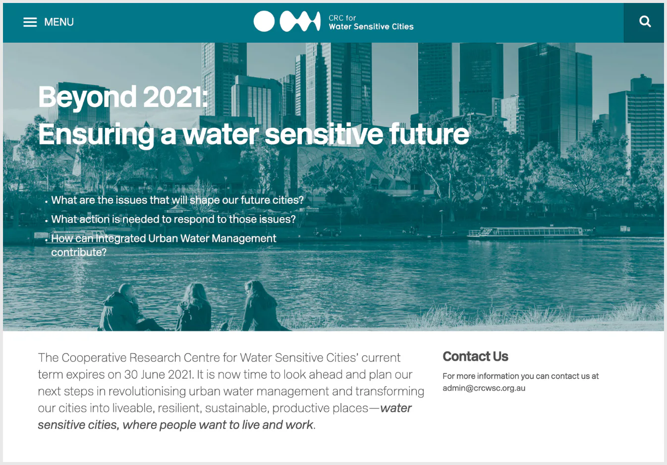 Urban riverfront scene with three people viewing a city skyline with modern skyscrapers and green spaces, overlaid with white text about water-sensitive urban planning and integrated water manageme...