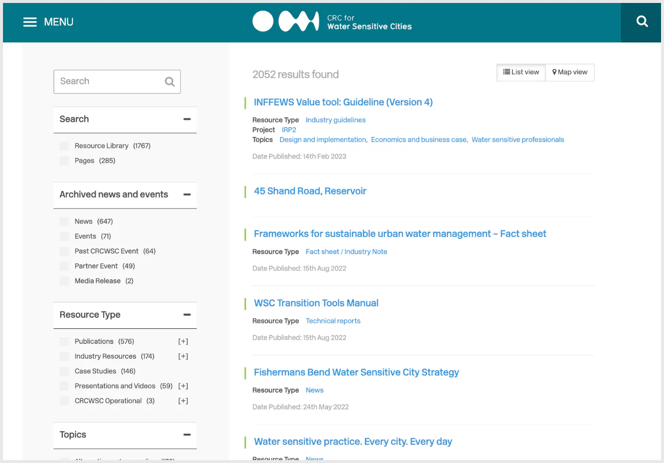 Search results page from CRC for Water Sensitive Cities research repository showing 2052 results with filtering options for resource type, archived news and events, and topics in left sidebar. Main...