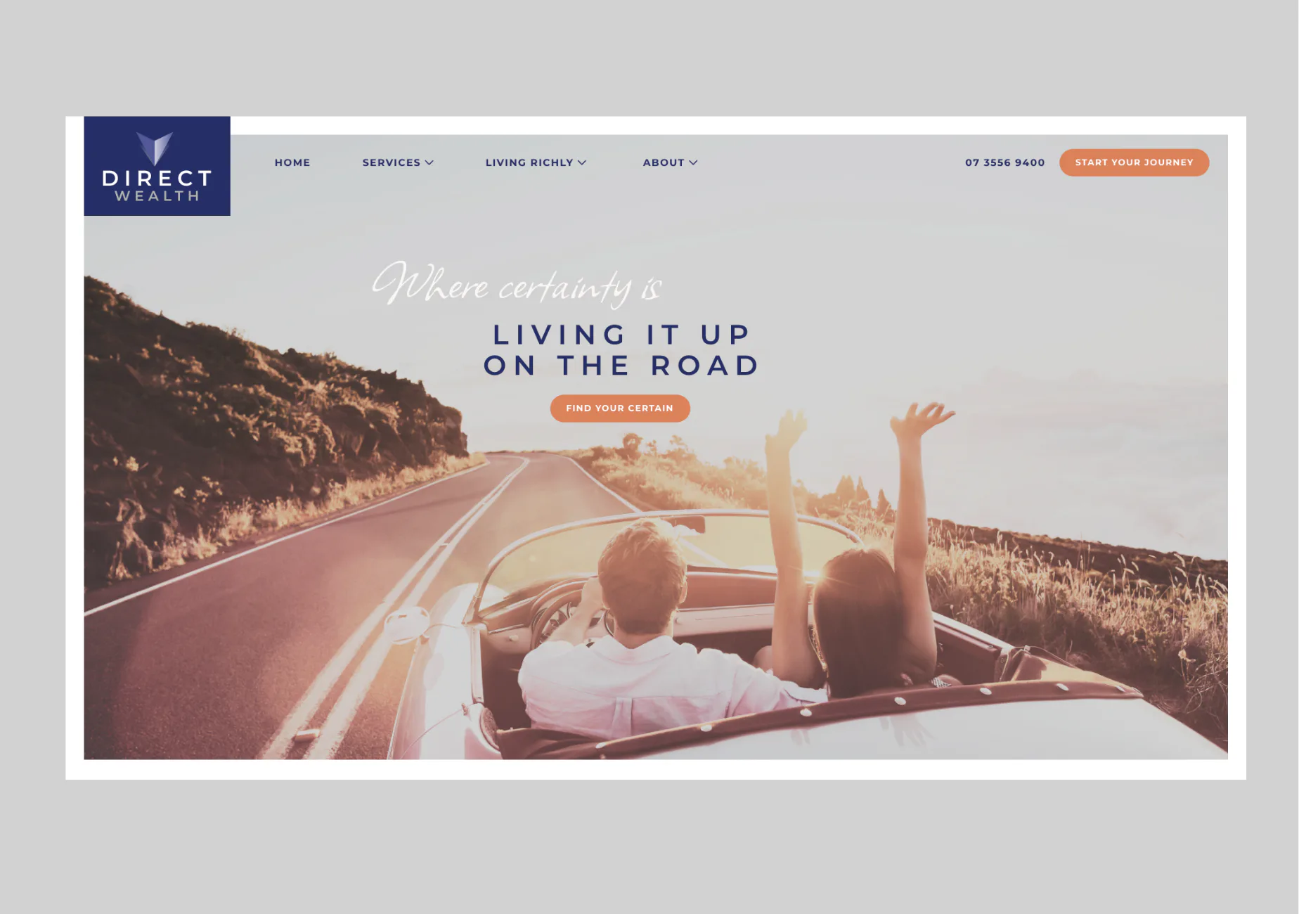 Convertible car driving down scenic desert highway at sunset with couple celebrating, arms raised. Represents financial freedom and optimistic journey theme for Direct Wealth advisory brand.