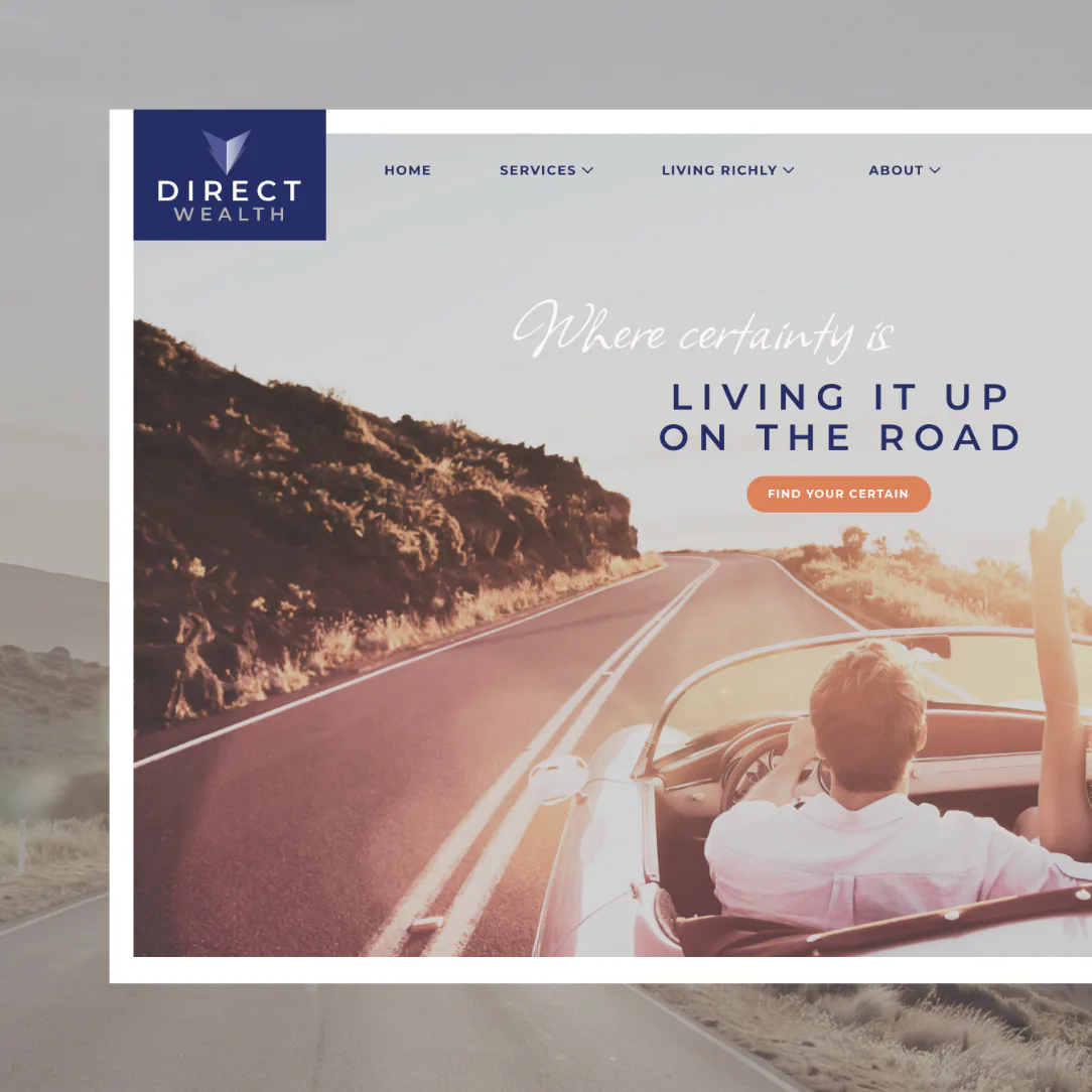 Person driving a vintage convertible car on a desert highway with mountains in background, warm sunset lighting, representing freedom and financial journey in Direct Wealth branding